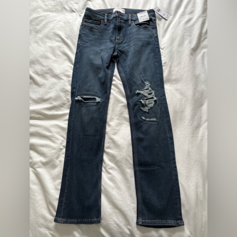 NWT Abercrombie kids distressed knee skinny jeans medium blue size 15/16 slim